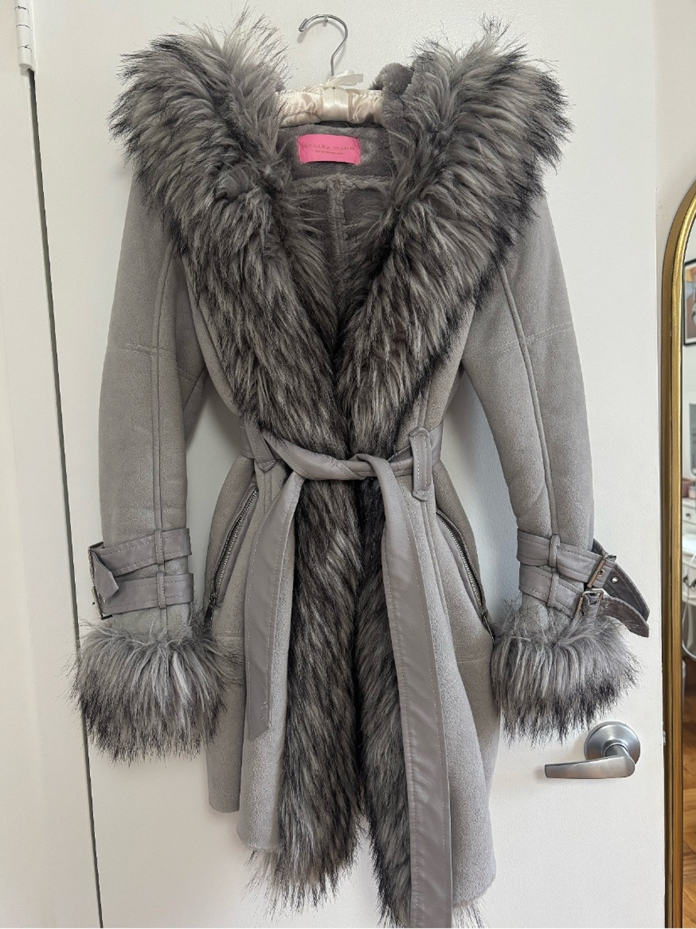 Azalea Wang grey hooded suede coat with faux fur trim